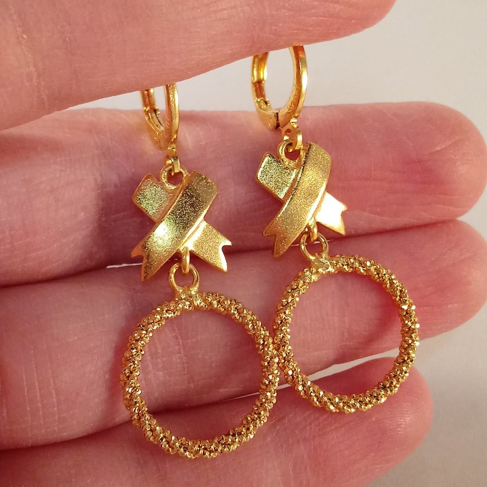 18K Yellow Gold Filled Carved Cross Circle Hoop Dangle Earrings Party Gift